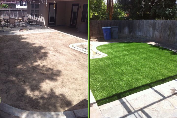 Before-and-after yard: muddy dirt patio replaced with bright green artificial grass.