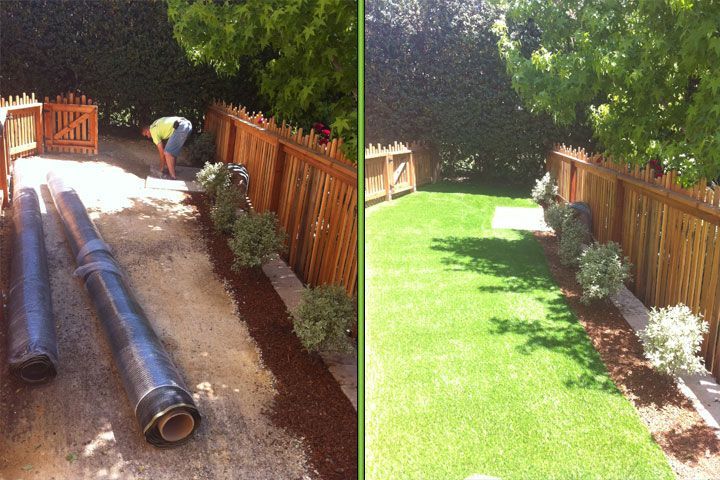 Before-and-after backyard lawn landscaping, with workers laying sod beside a wooden fence.
