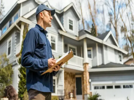 Home inspector holding a clipboard outside a suburban house with a garage and dormer windows