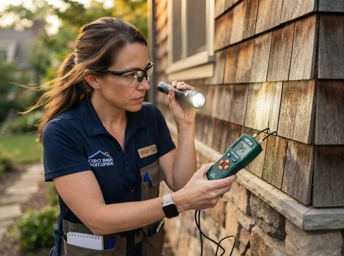 Technician inspecting wooden siding with a flashlight and handheld meter outside a house