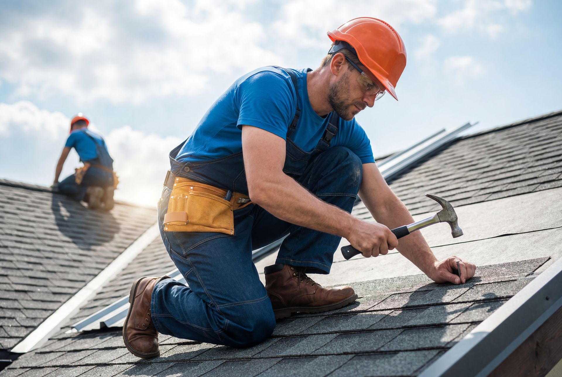 Male roof repair contractor repairing residential shingle roof.