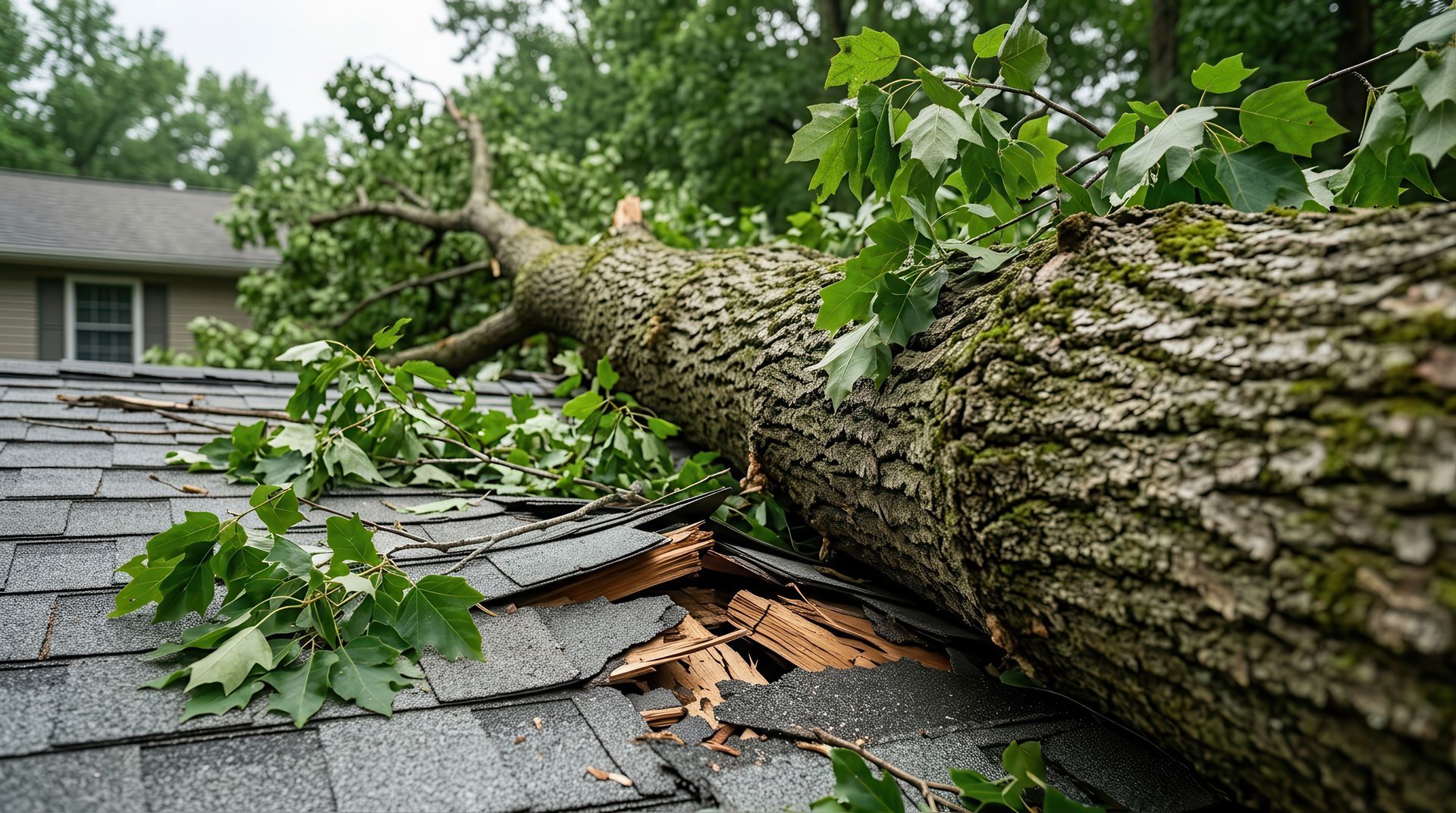 Emergency roof repair after a massive tree fell onto residential shingles.