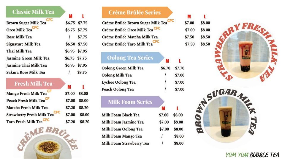 Menu board for a bubble tea shop, with drink and snack lists in green, orange, and purple sections