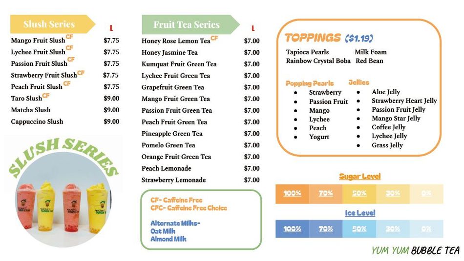 Juice menu flyer with colorful drink options, prices, and a photo of bottled juices