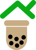 Green roof-like shape above a beige cup with black tapioca pearls, resembling a boba tea icon