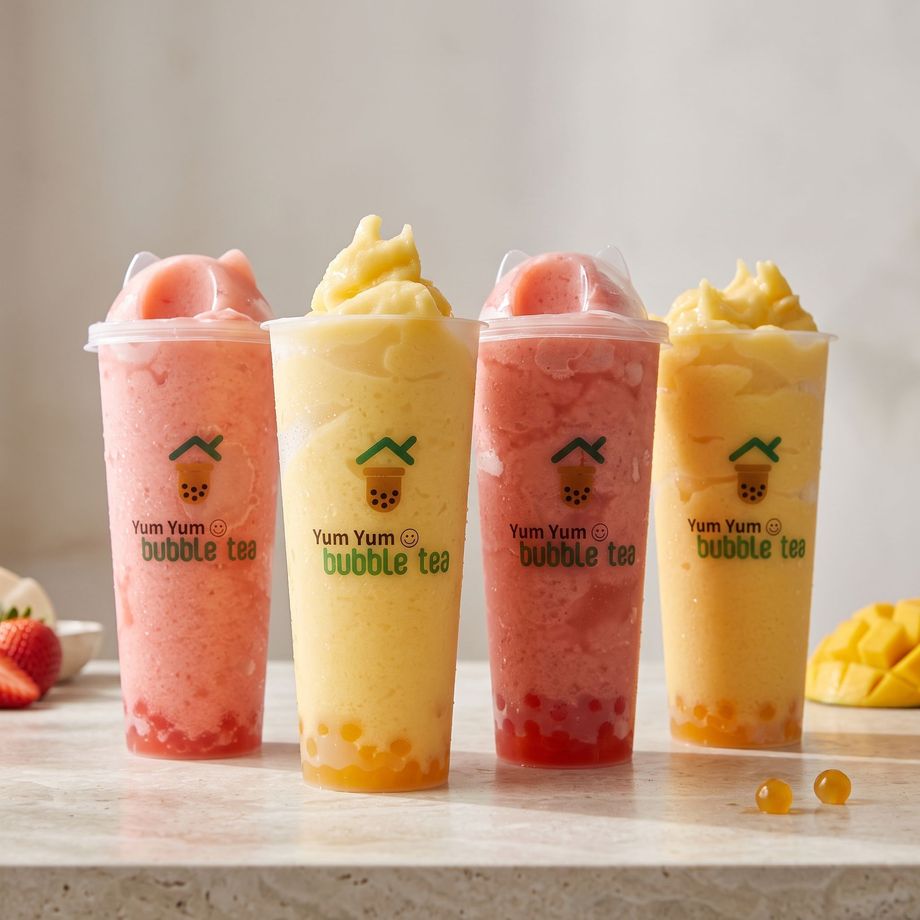 Four pastel bubble tea drinks in clear cups on a wooden table, with fruit nearby.