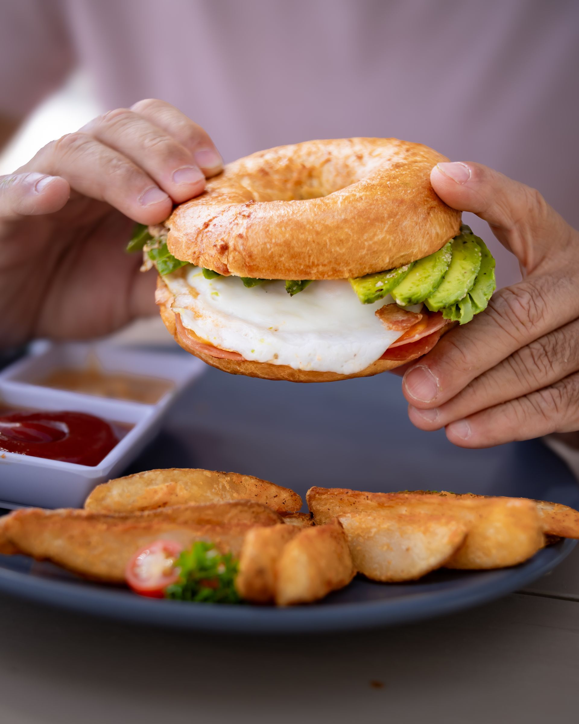 Premium gourmet bagel made with fresh local ingredients at a luxury boutique hotel restaurant overlooking the Sea of Cortez.