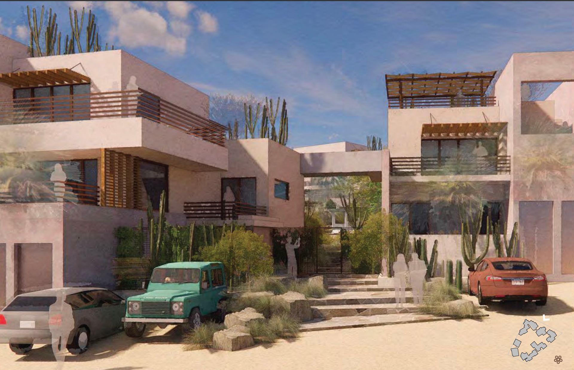 Modern stucco buildings with cars parked in front, desert landscaping, blue sky.