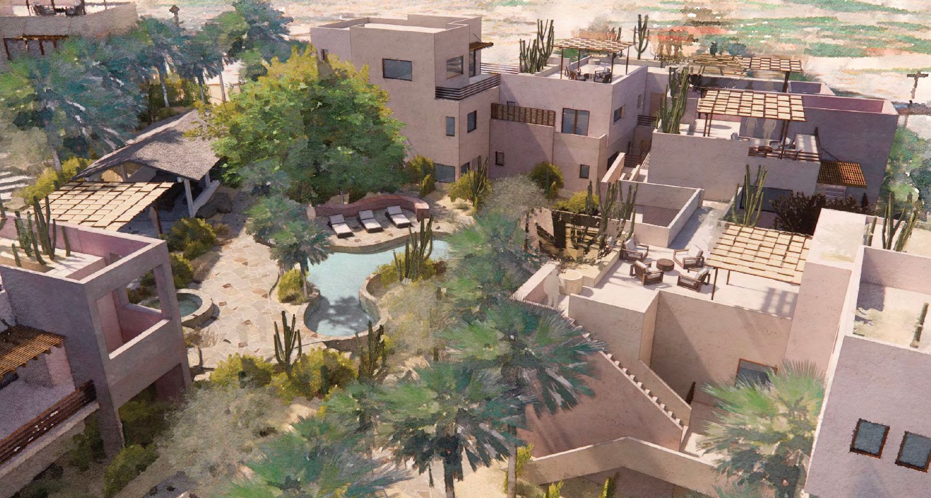 Courtyard resort with swimming pool, cacti, and tan buildings in a sunny desert setting.