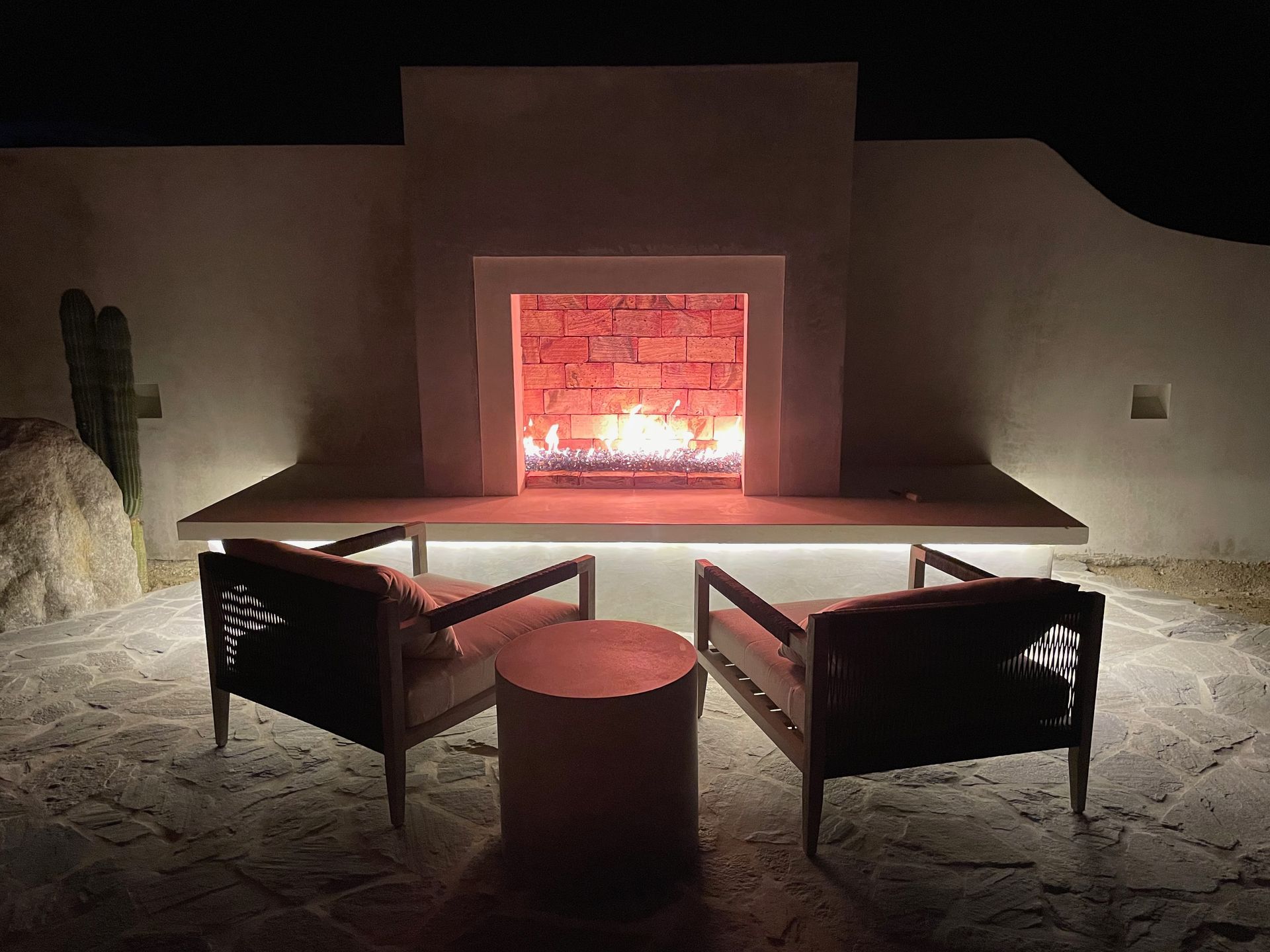 Outdoor fire pit lounge at a luxury villa overlooking the Sea of Cortez.