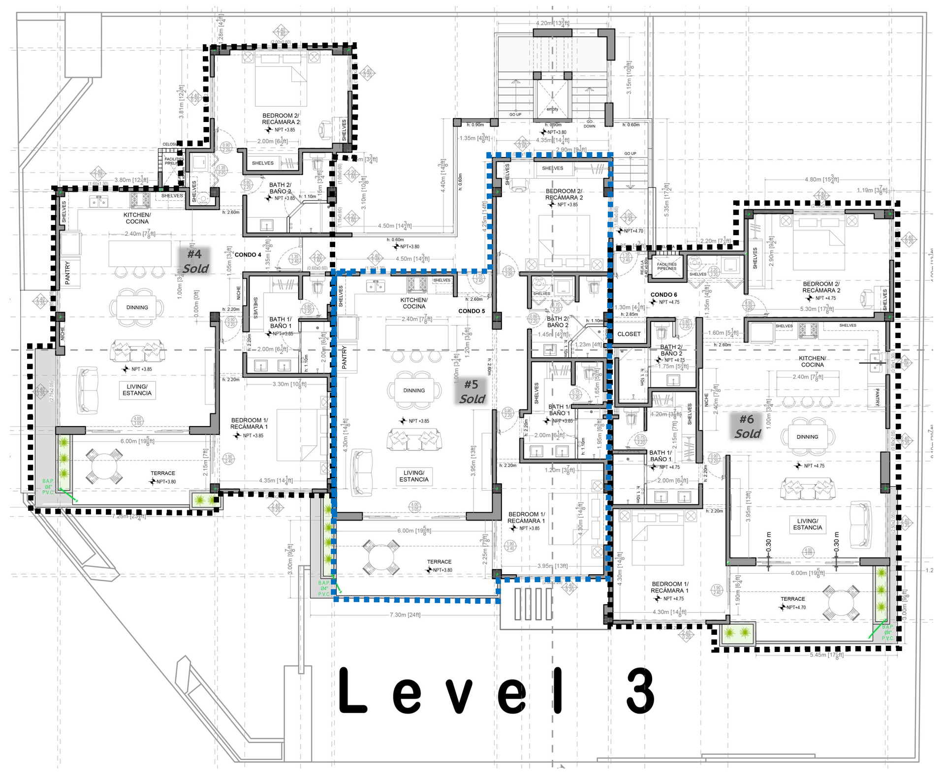 Floor plan labeled Level 3 with black room outlines and a blue highlighted route.
