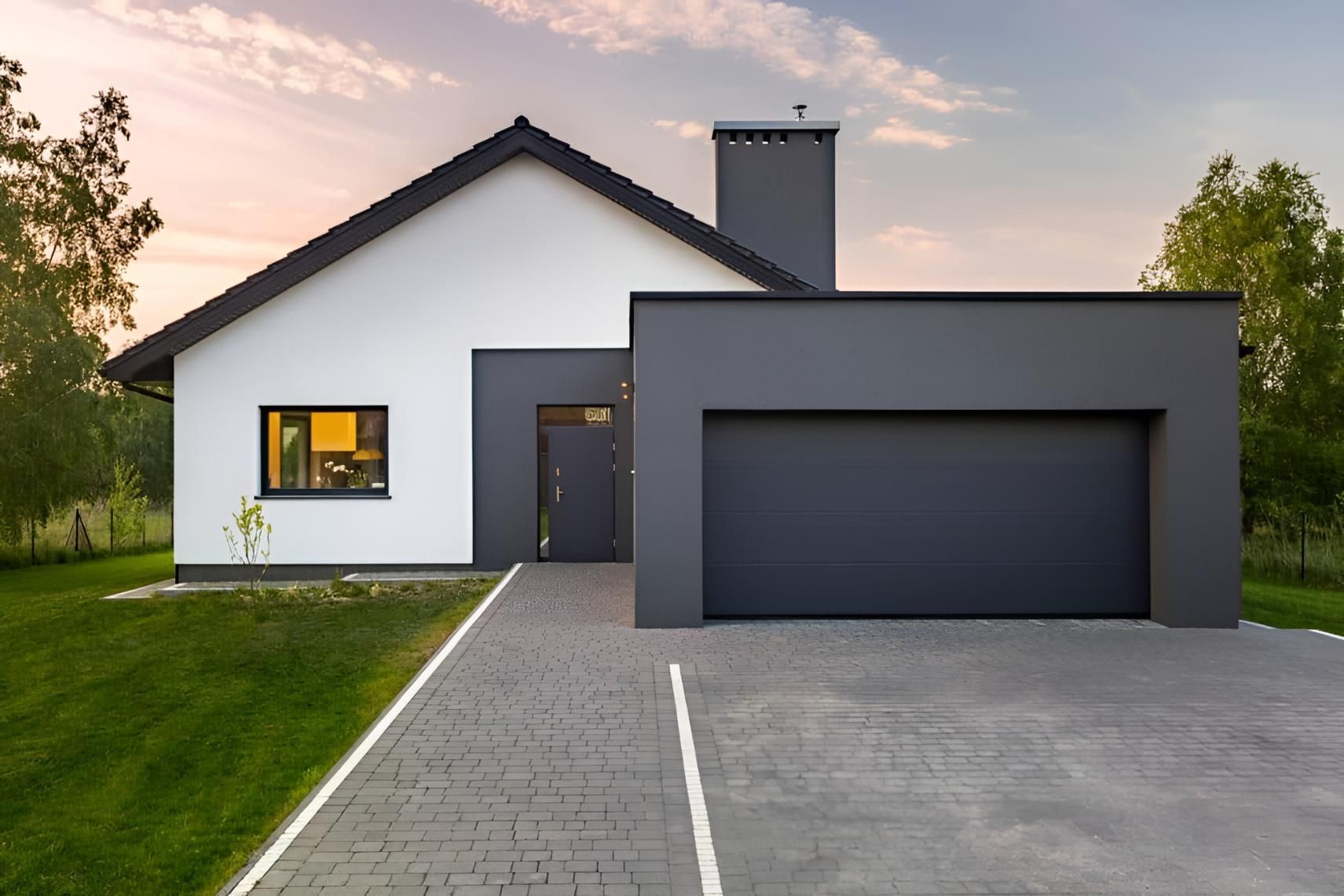 A White House With A Black Garage Door And A Driveway Leading To It — Gold Coast Door Centre In Burleigh Heads, QLD