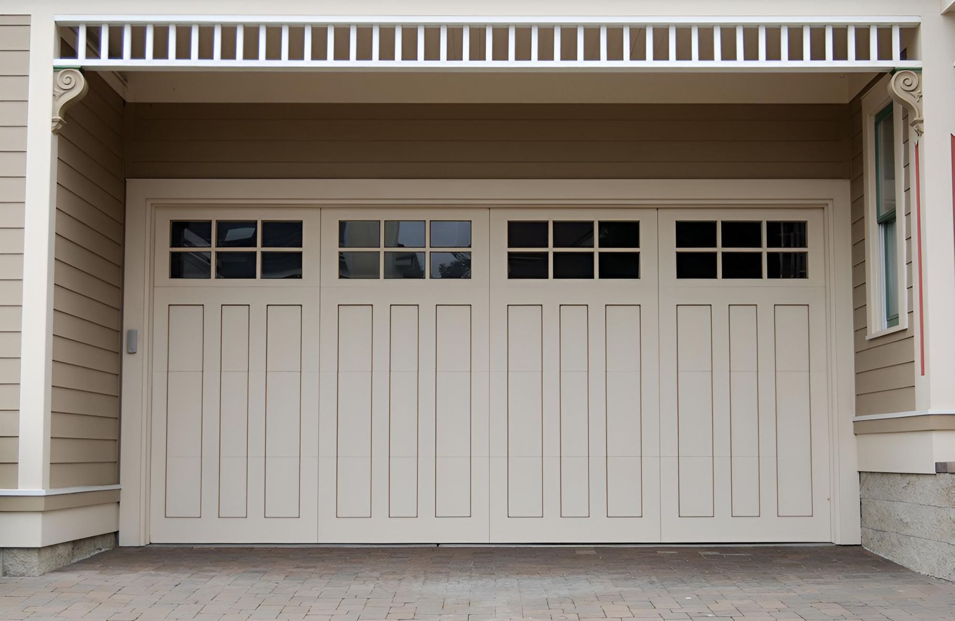 A White Garage Door With A White Railing And Windows — Gold Coast Door Centre In Burleigh Heads, QLD