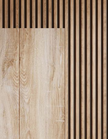 A close up of a wooden floor with a striped wall behind it.