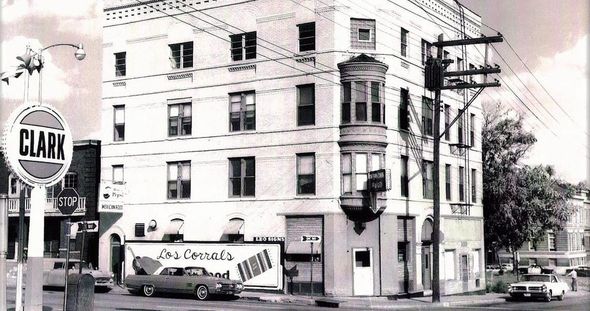 Historic Los Corrals location from 1949 to 1964. Black and white photo.