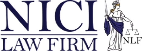 NIC Law Firm logo featuring blindfolded Lady Justice holding a sword and scales.