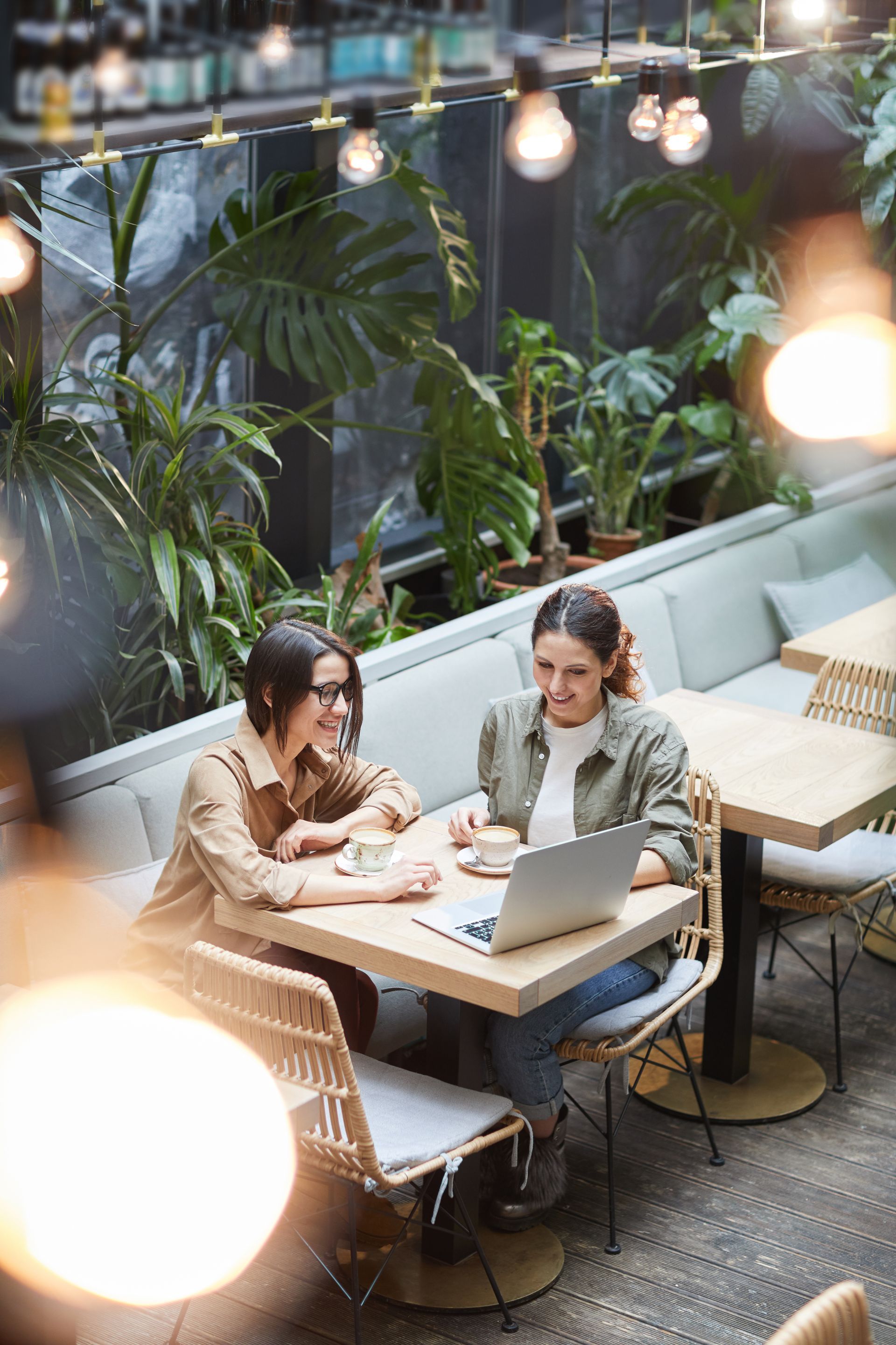 Two women in a cafe, one looking at a laptop. Plants and overhead lights are in the background.