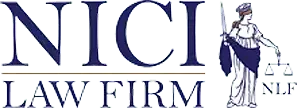 Logo for NICI Law Firm featuring blindfolded figure holding sword and scales.