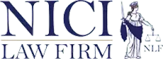 Logo for NICI Law Firm featuring blindfolded figure holding sword and scales.
