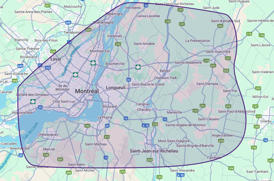 Une carte de Montréal avec un grand cercle autour