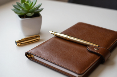 Styled desk with gold pen, planner, and succulent