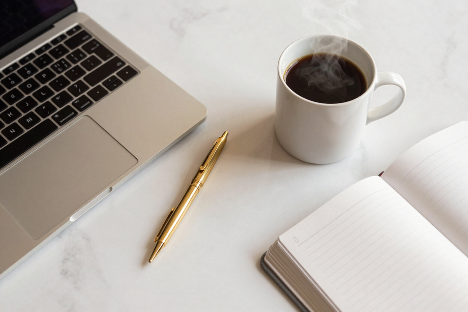 Styled business tools flat-lay on marble desk