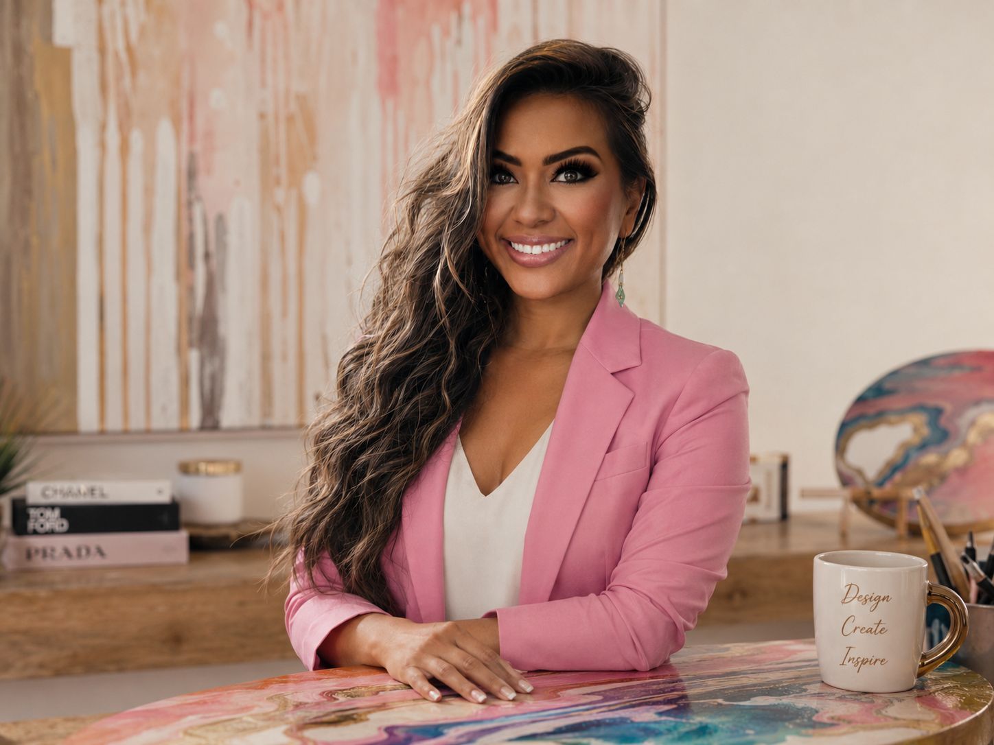 AStyles & Co. Strategies consultant in pink blazer at styled desk