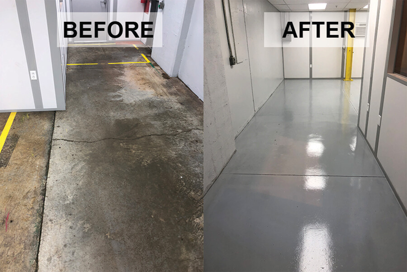 a before and after of an Epoxy coating project