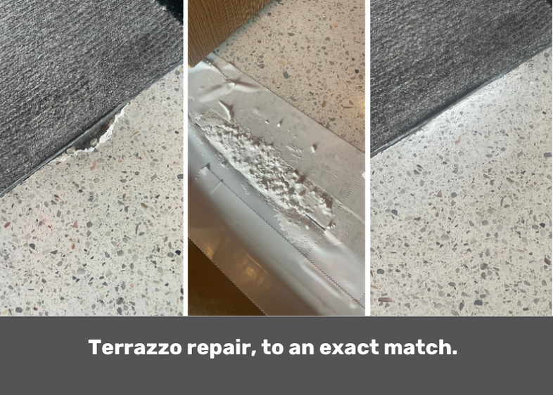 Terrazzo repair, to an exact match. Sourcing the ingredients and the recipe of the ratio. We will follow with honing polish of the terrazzo, starting at 50 grit, taking it to 3500 grit.