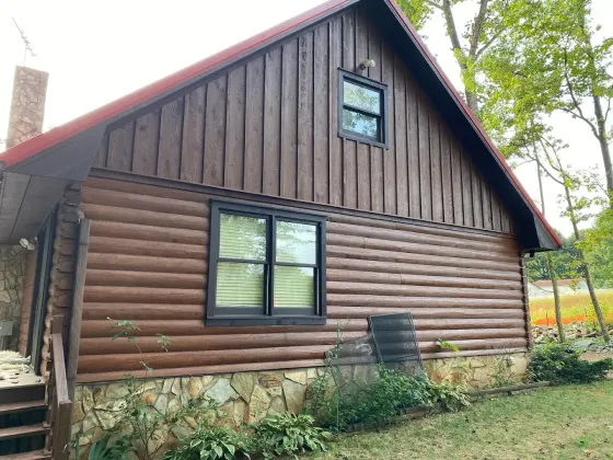 Log cabin exterior with dark wood siding, red roof trim, and windows amid trees and greenery