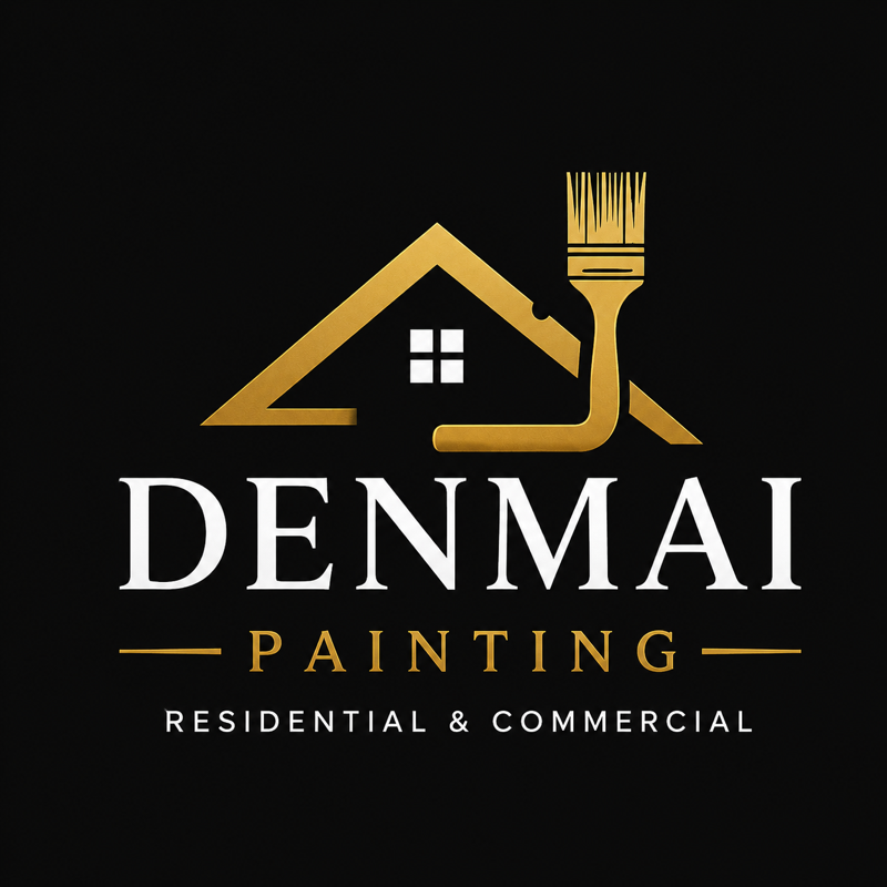 Denmai Painting logo with gold house, brush, and white text on black background