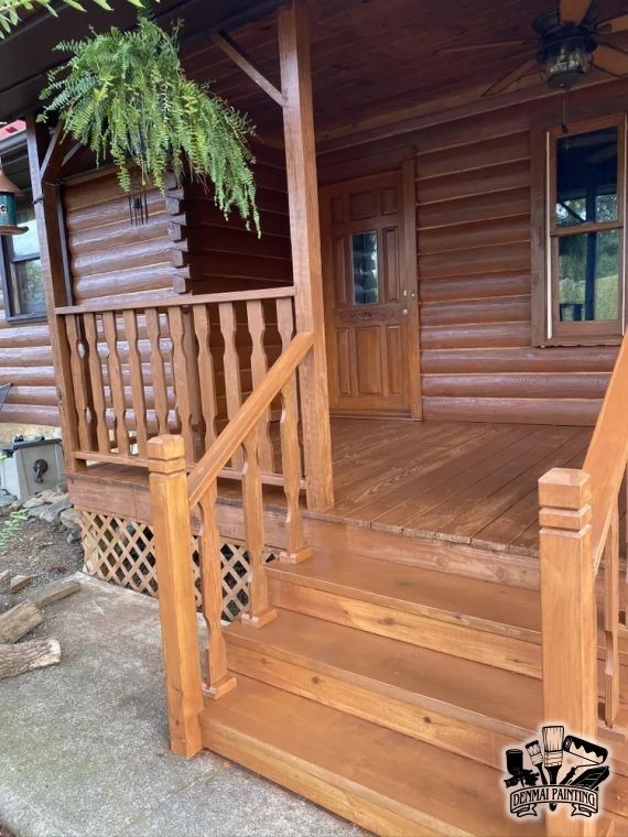 Wooden cabin porch with steps, railing, and hanging fern planter