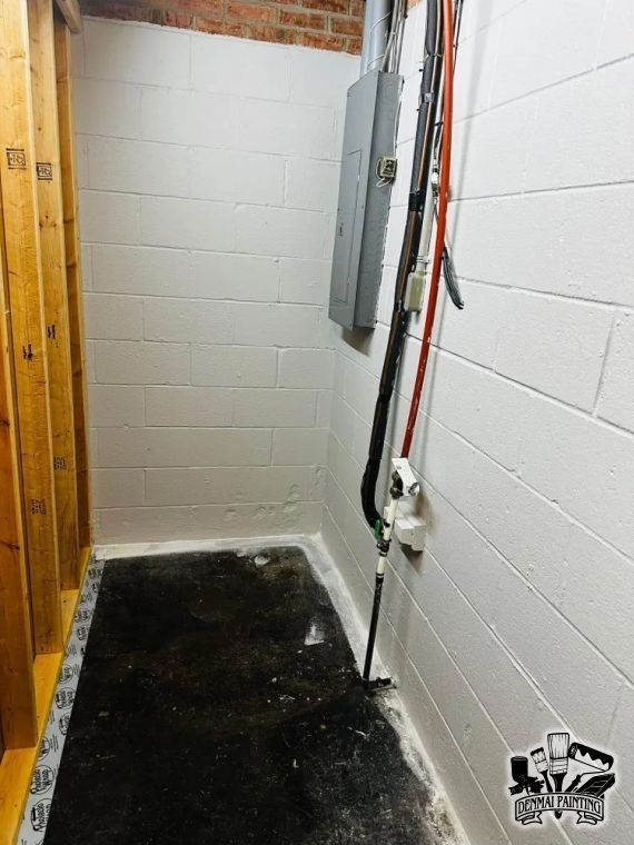 Narrow utility alcove with white cinderblock walls, electrical panel, and black floor mat indoors
