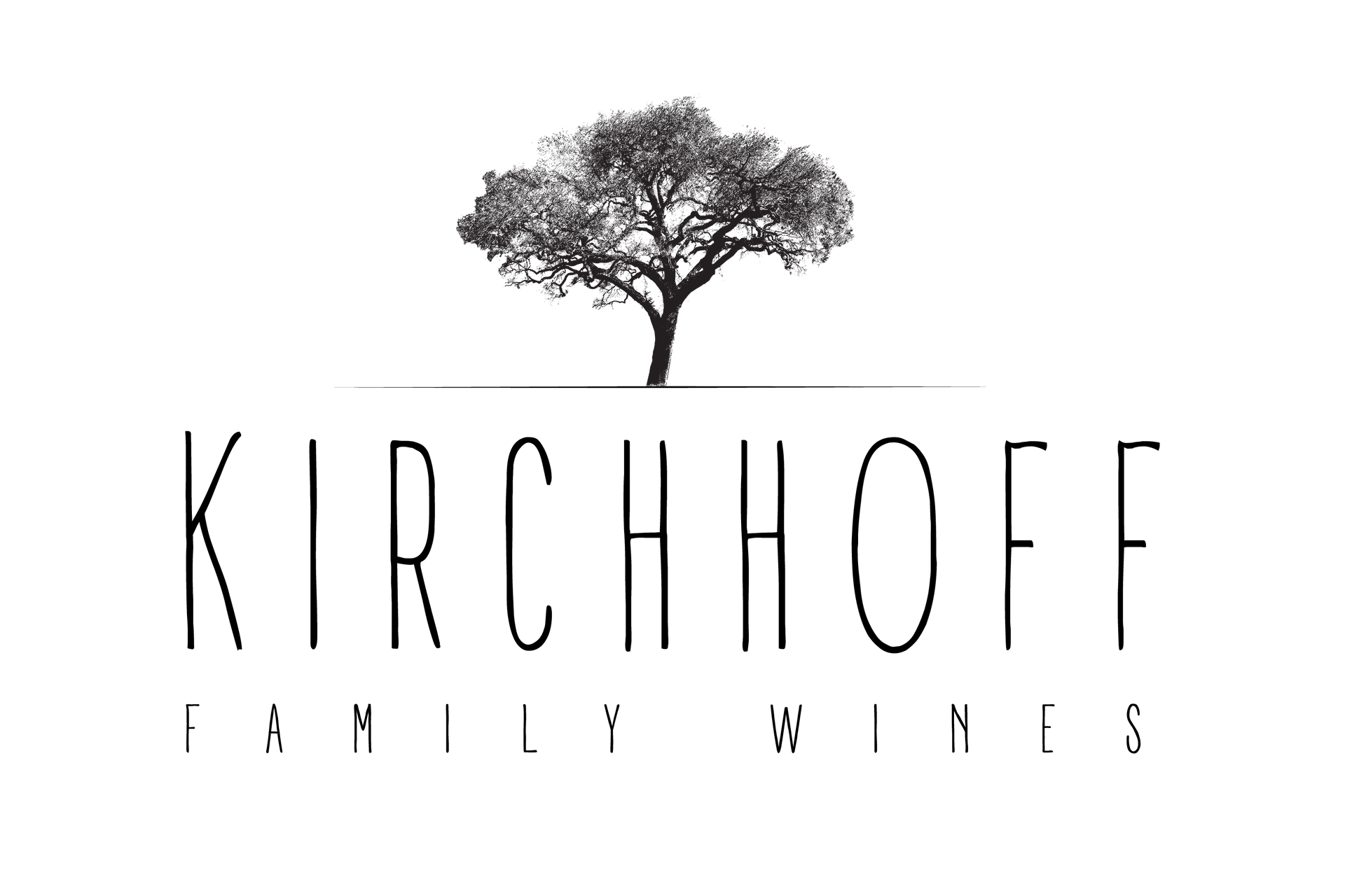 A black and white logo for Kirchhoff family wines with an oak tree in the middle.
