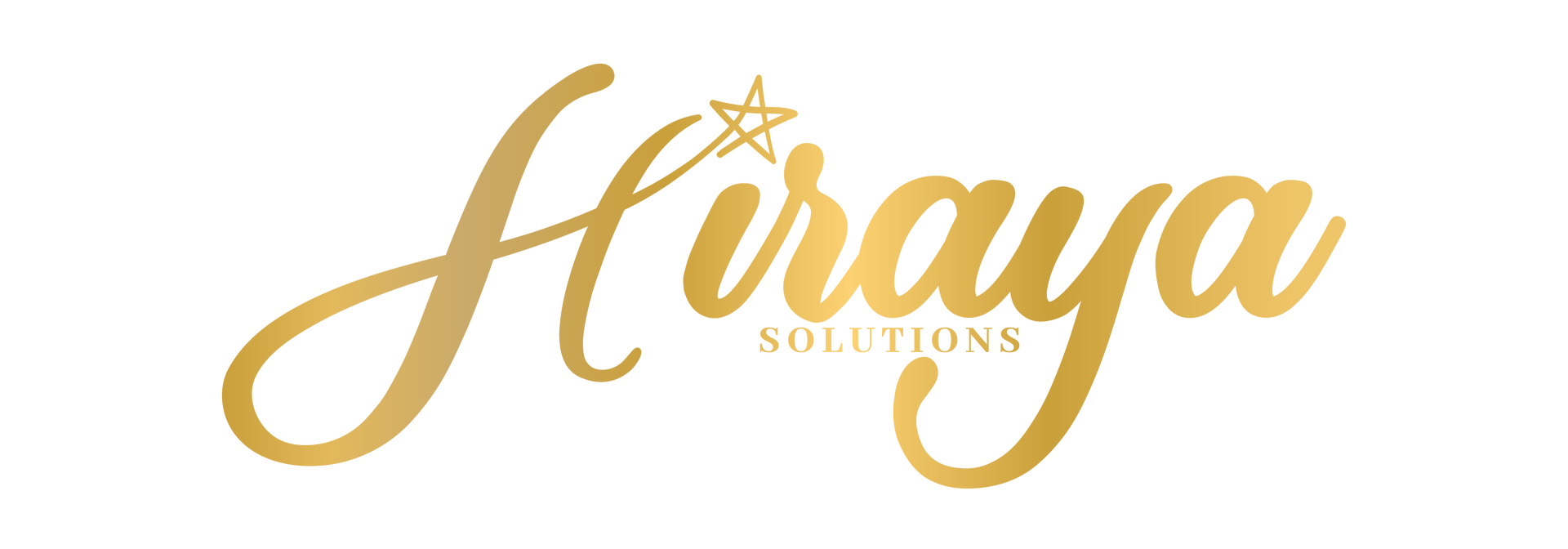 Gold logo with cursive "Hiraya" text featuring a small star above the 'i', with "SOLUTIONS" underneath.