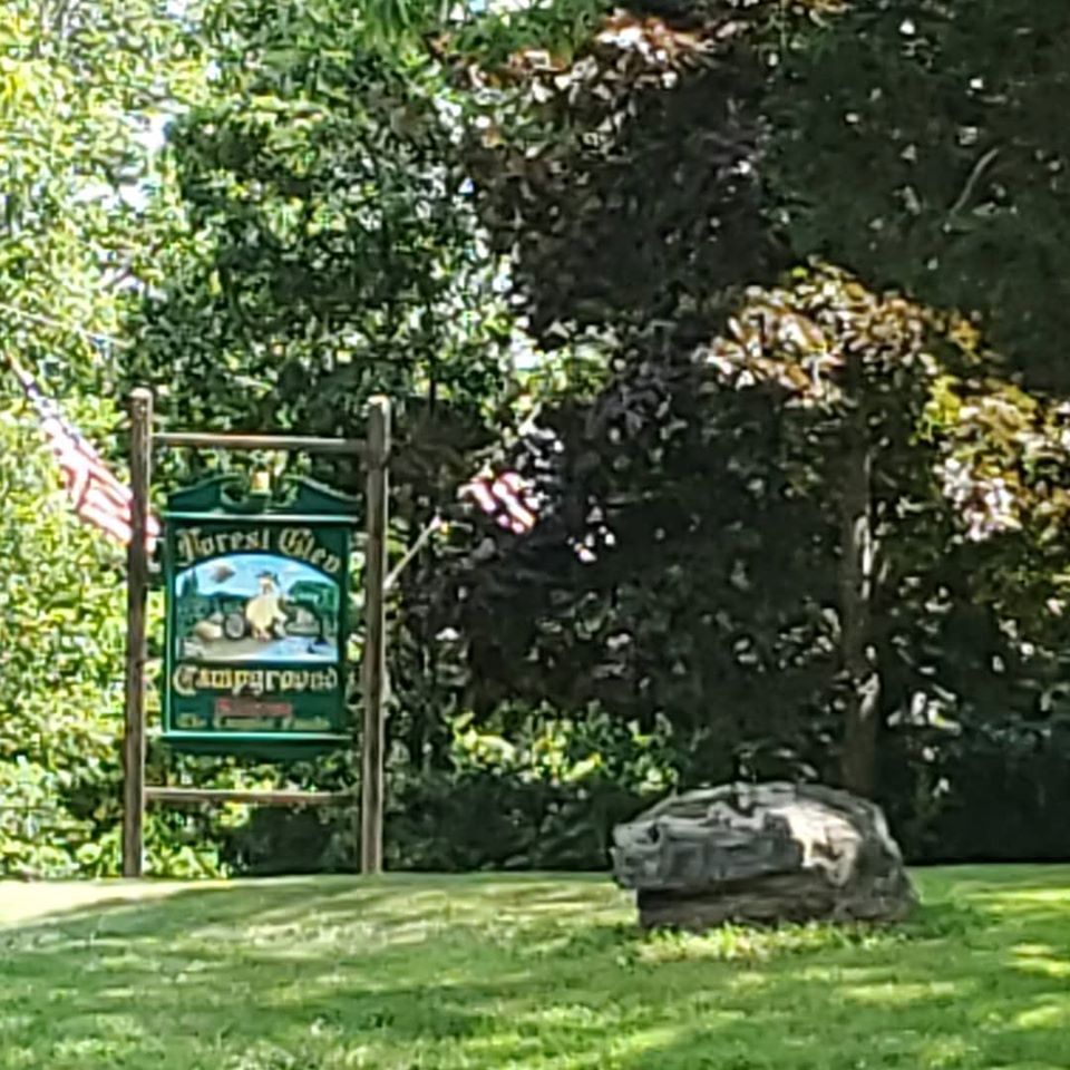 Green campground sign beside a grassy path, surrounded by trees and a large rock