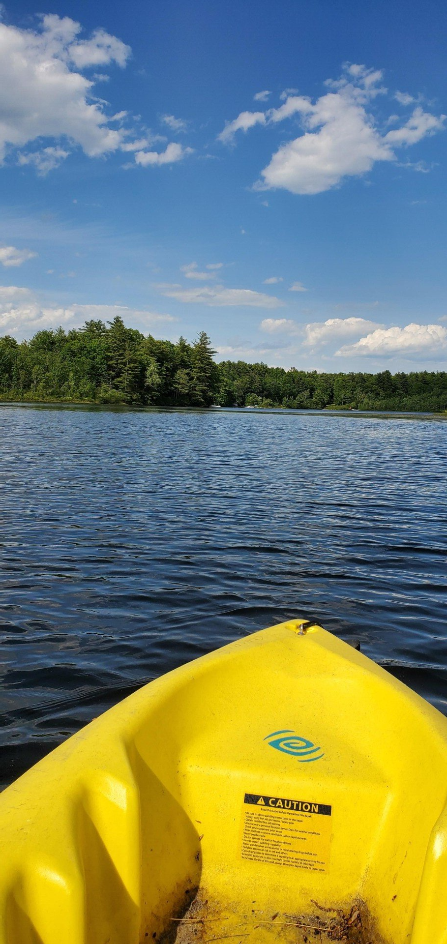 Yellow kayak on a blue lake with a tree-lined shore and cloudy sky in the distance