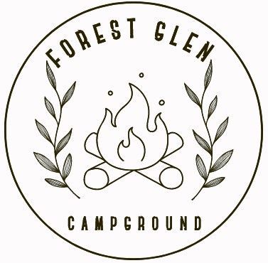 Forest Glen Campground logo with campfire and leafy branches in a circular black-and-white design