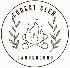 Forest Glen Campground logo with campfire and leafy branches in a circular black-and-white design