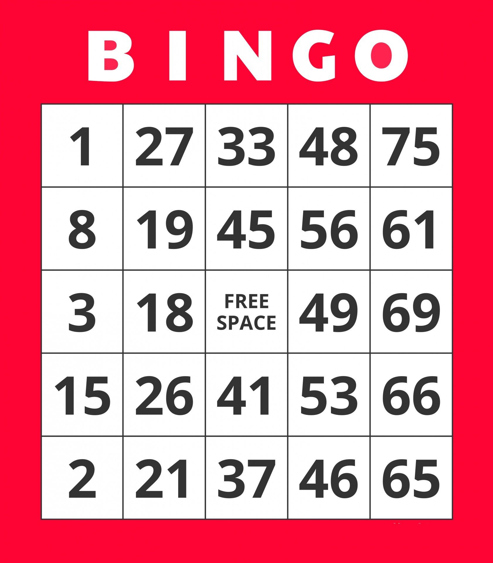 Red bingo card with white grid, numbers, and a center FREE SPACE