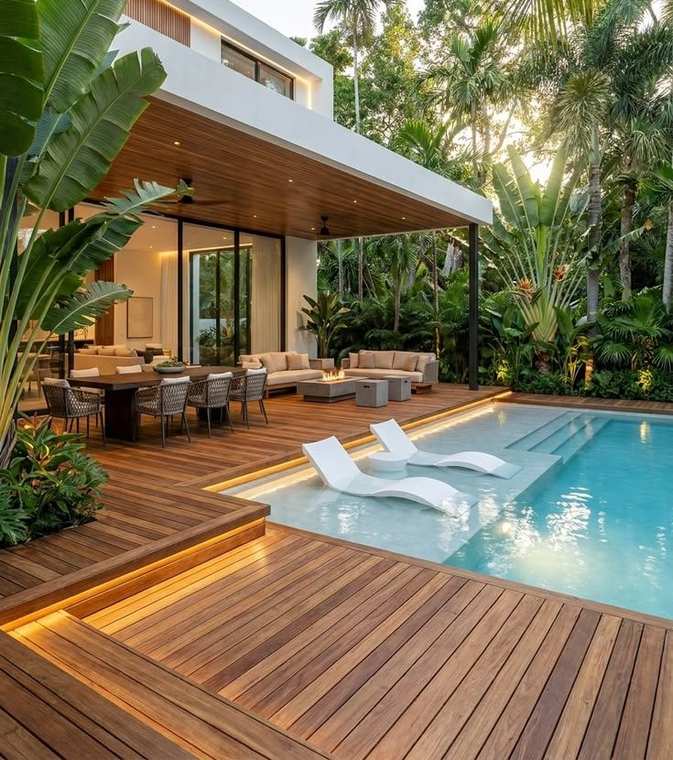 Modern tropical patio with wooden deck, pool, lounge chairs, and lush greenery by a house