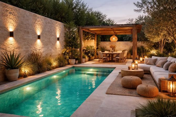 Luxurious outdoor patio with turquoise pool, stone wall lights, lounge seating, and a pergola dining area at dusk