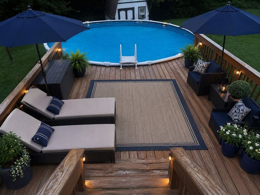 Backyard pool deck with two lounge chairs, blue umbrellas, and a small pool behind a rug-lined patio
