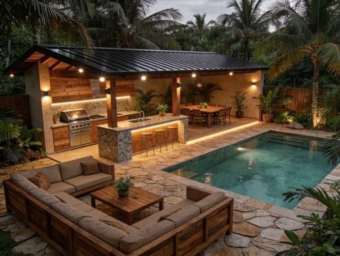 Tropical backyard pool with lit outdoor bar, stone patio, and cushioned lounge seating at dusk