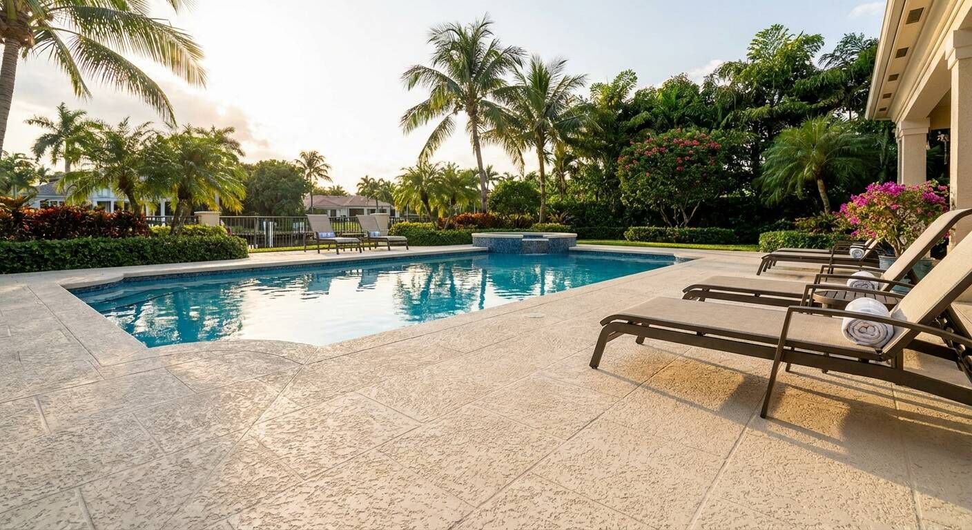 Person power-washing a wet concrete patio beside a swimming pool and garage.