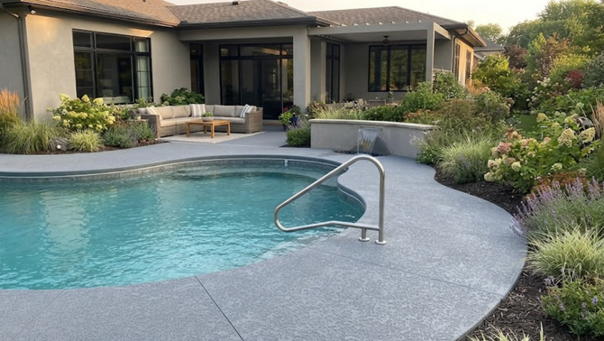 Backyard swimming pool with curved concrete deck, landscaping, and a house patio in the background