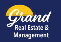 Logo for Grand Real Estate & Management with gold sun graphic on blue. Text is white.