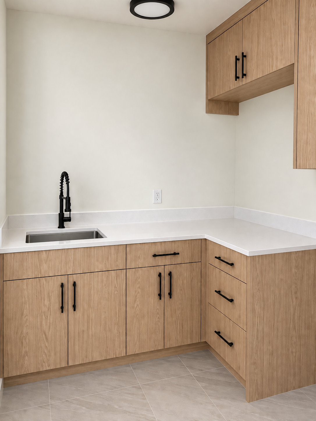 Compact kitchen with light wood cabinets, white countertops, and a sink under a blank wall.