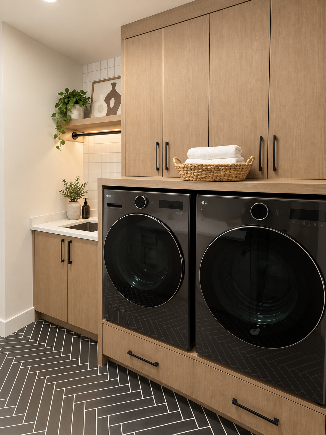 Laundry room with black washer and dryer, wood cabinets, white countertop, and herringbone-patterned floor.