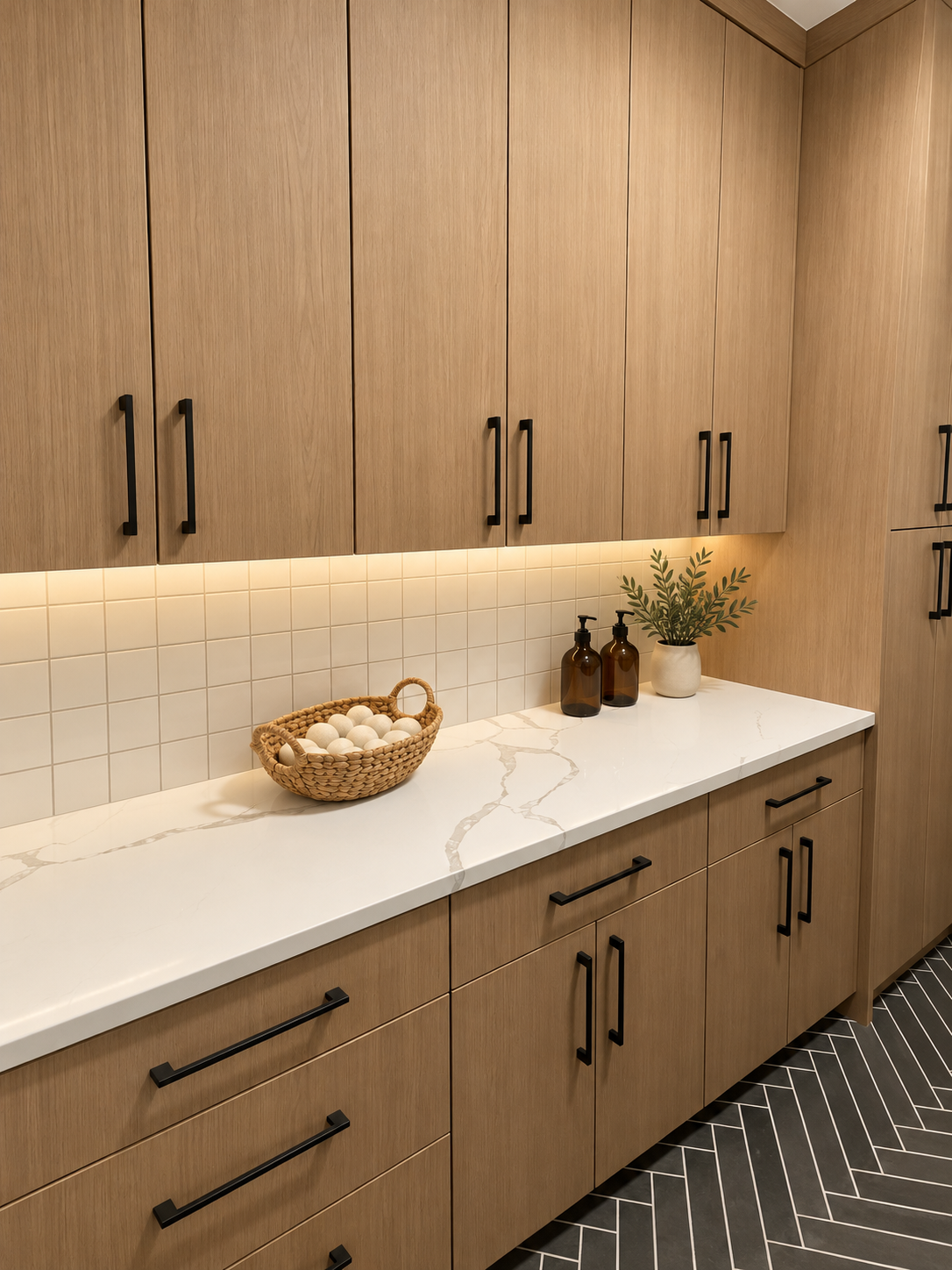 Modern kitchen with wood cabinets, white countertops, tile backsplash, and a basket of fruit on the counter